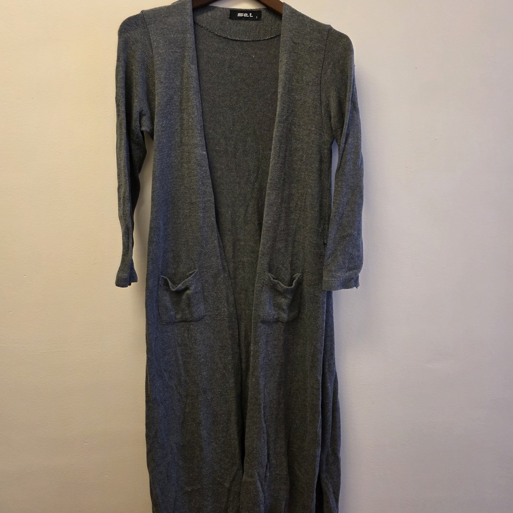 Gray Long Cardigan with Pockets